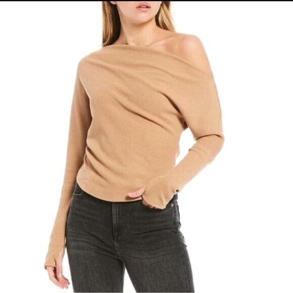 Free People We The Free Fuji Off Shoulder Thermal Top Pale Camel Size L - Picture 1 of 6